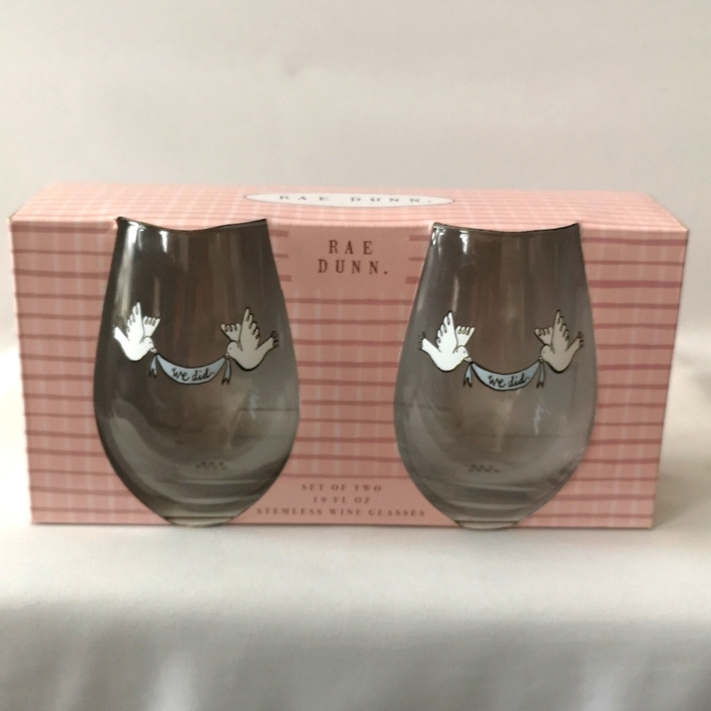 Set of Two "We Did" Doves Rae Dunn Stemless Wine Glasses 19 Oz, Brand New in Box